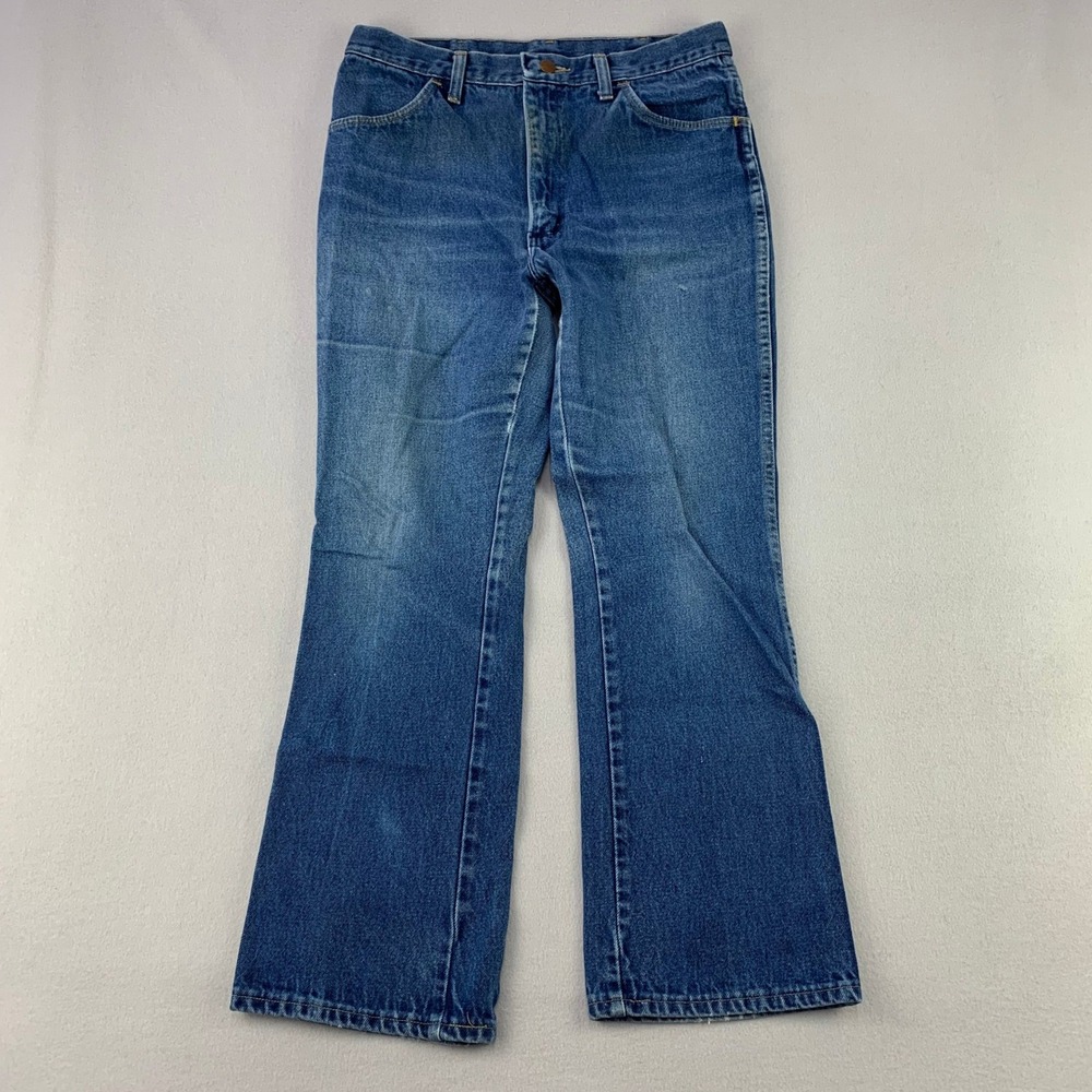 Vintage Rustler Jeans Bootcut Flare Mens 34x30 Blue Faded Denim Whiskers 70s 80s